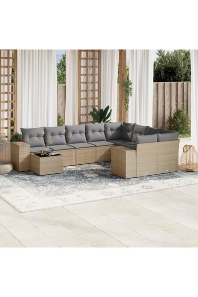 vidaxl Garden sofa set with cushions, 10 pieces, beige, polyrattan