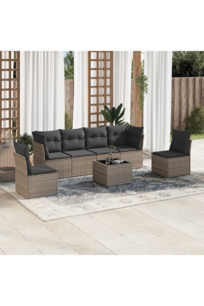 vidaxl Set canapele de gradina, 7 piese, cu perne, gri, poliratan