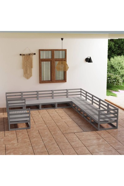 vidaxl Set mobilier de gradina, 11 piese, gri, lemn masiv de pin