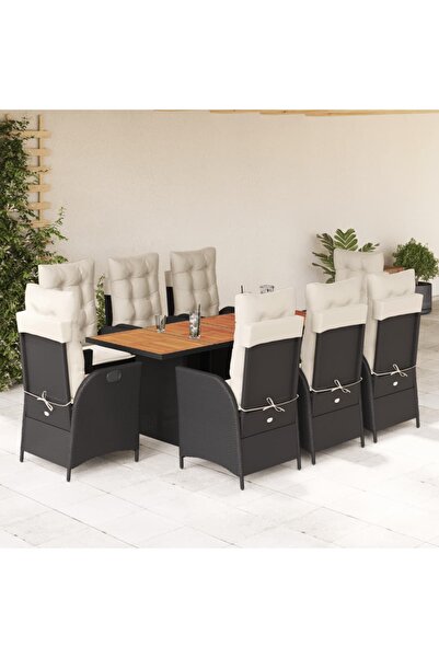 vidaxl Garden furniture set with cushions, 9 pieces, black, polyrattan
