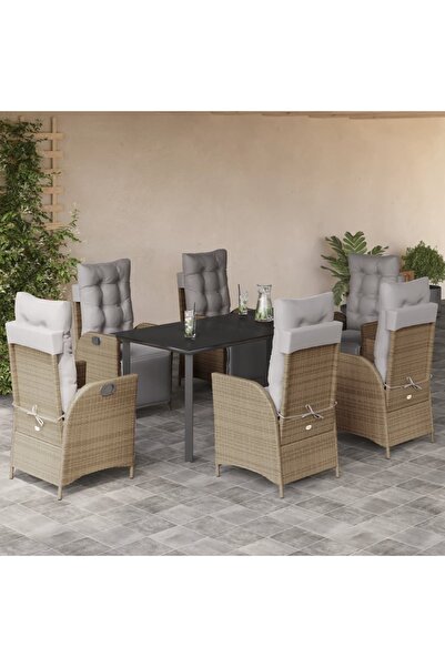 vidaxl 7-piece garden furniture set with cushions, beige, polyrattan