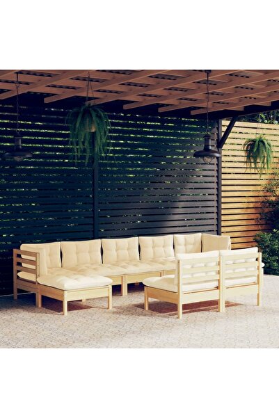 vidaxl Set mobilier gradina cu perne, 9 piese, crem, lemn de pin