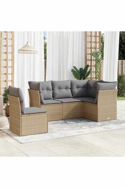 vidaxl Garden sofa set with cushions, 5 pieces, beige, polyrattan