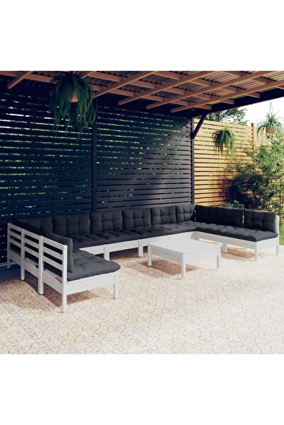 vidaxl Set mobilier de gradina cu perne, 11 piese, alb lemn masiv pin