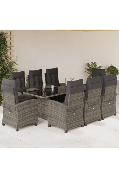 vidaxl Garden furniture set with cushions, 9 pieces, grey, polyrattan