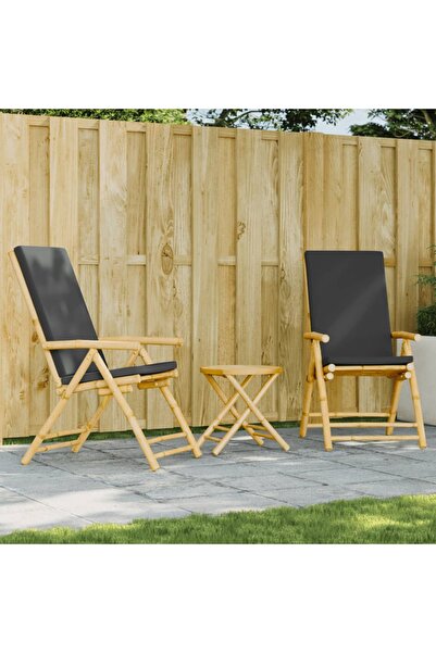 vidaxl Set de bistro pliabil, 3 piese, cu perne gri a®nchis, bambus