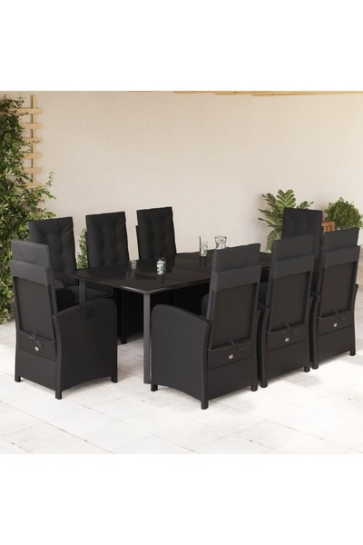 vidaxl Garden furniture set with cushions, 9 pieces, black, polyrattan