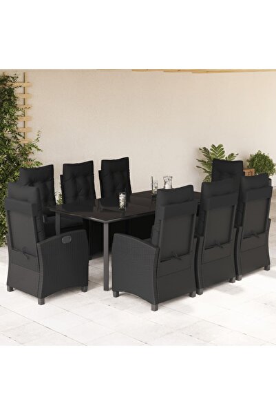 vidaxl Garden furniture set with cushions, 9 pieces, black, polyrattan