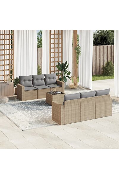 vidaxl Garden sofa set, 7 pieces, with cushions, beige, polyrattan