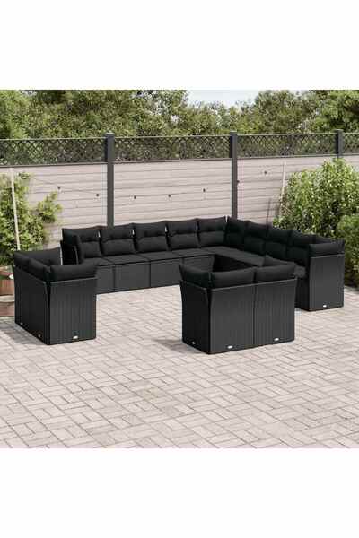 vidaxl Garden furniture set with cushions, 13 pieces, black, polyrattan