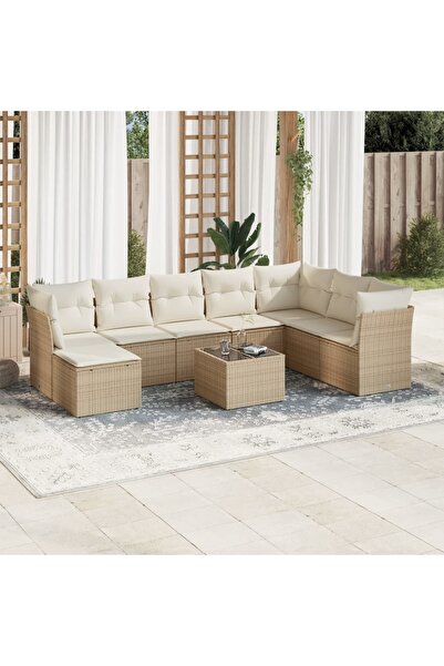 vidaxl Garden sofa set, 9 pieces, with cushions, beige, polyrattan