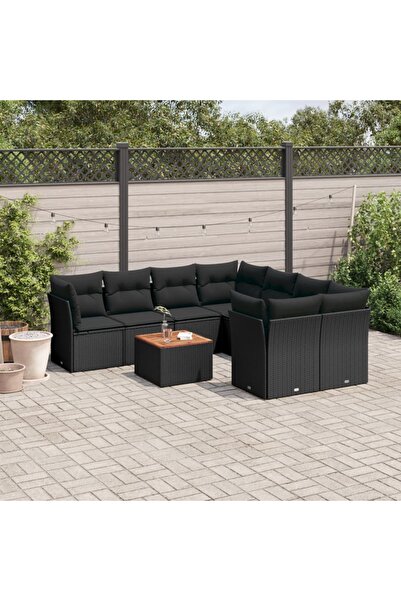 vidaxl Set mobilier de gradina cu perne, 9 piese, negru, poliratan