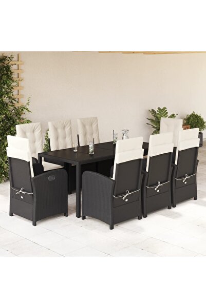 vidaxl Garden furniture set with cushions, 9 pieces, black, polyrattan