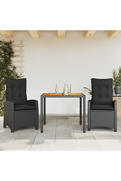 vidaxl Garden furniture set with cushions, 3 pieces, black, polyrattan