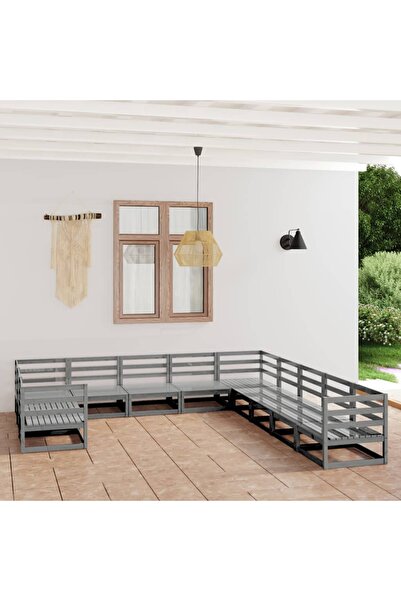 vidaxl Set mobilier de gradina, 11 piese, gri, lemn masiv de pin