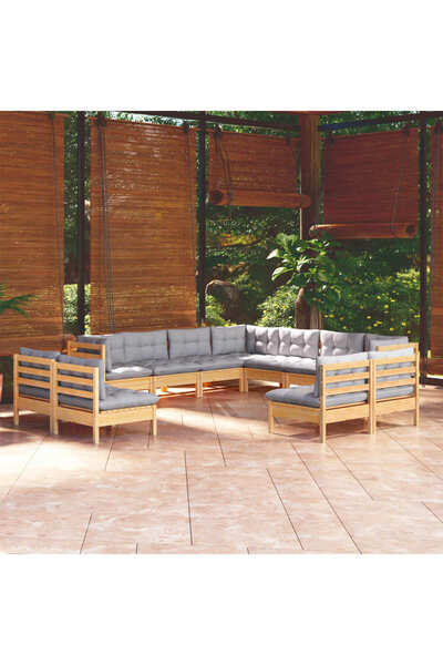 vidaxl Set mobilier gradina cu perne, 11 piese, gri, lemn masiv pin
