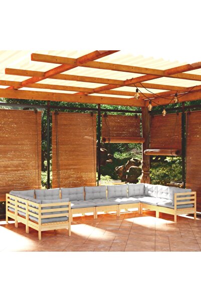vidaxl Set mobilier de gradina cu perne gri 10 piese lemn masiv de pin