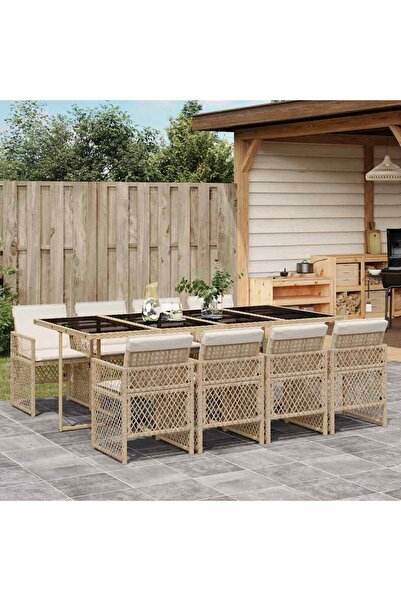vidaxl 9-piece garden table set with cushions, beige, polyrattan