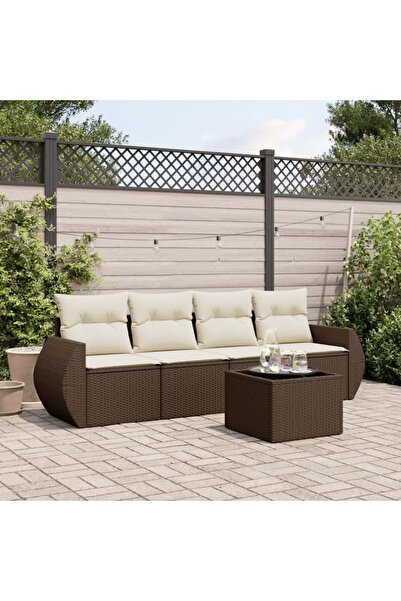 vidaxl Garden sofa set with cushions, 5 pieces, brown, polyrattan