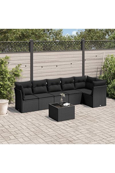 vidaxl Garden sofa set with cushions, 7 pieces, black, polyrattan