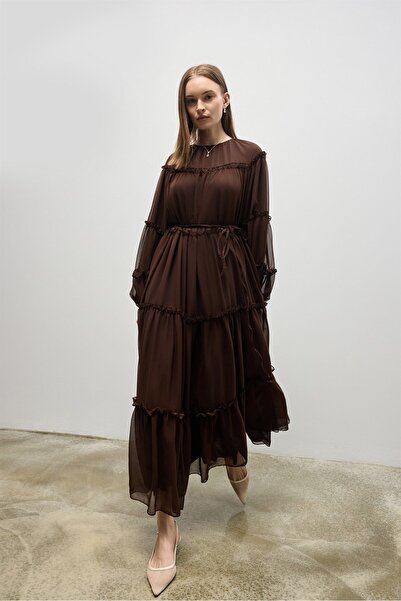 RFK Butik Women's Layered Ruffled Chiffon Dress with Lace Detail - Brown