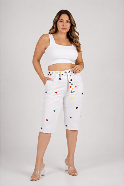 ZANESSİ FASHION Plus Size Women's Shorts with Belt, Heart Embroidery, Elastic...