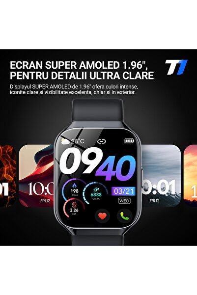 Techone Ceas Smartwatch Barbati VitaSense Pro, 1.96 inch SUPER AMOLED,Android / iOS, Negru