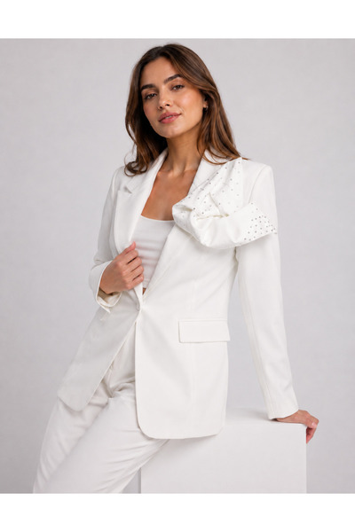 Mys Collection Taş Detaylı Beyaz Kadın Blazer Ceket