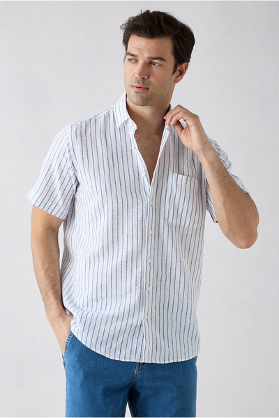 Kiğılı Short Sleeve Regular Fit Cotton Linen Striped Pocket Shirt