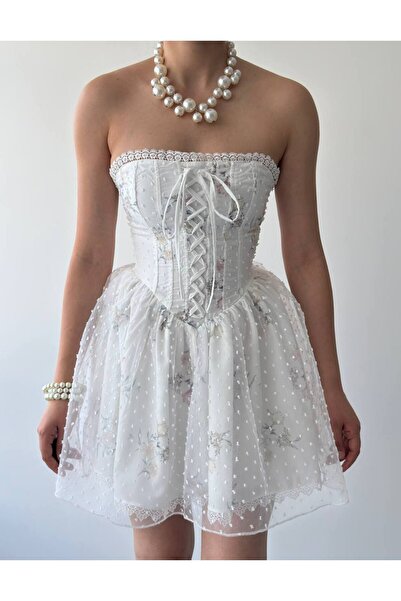 D'RECCY Women's Strapless Corseted Tie-Up Mini Tulle Bridal Party Dress