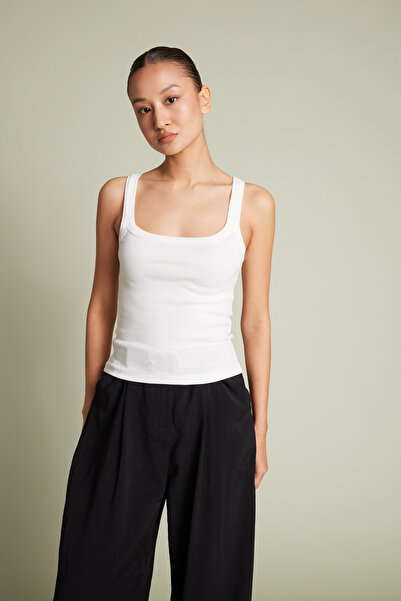 Nisan U Neck Cotton Top with Straps Ecru
