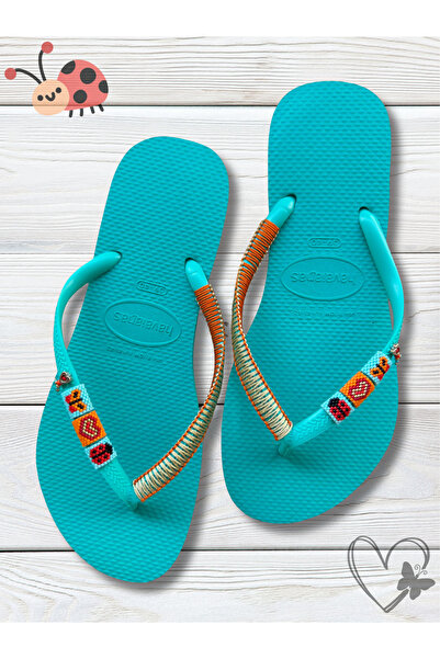 Ebusand Aqua Turquoise Blue Slim Flip Flops with Hand Beaded Lucky Charms, Bo...