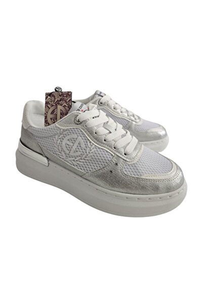 ventiduee Women's white sneakers with silver inserts in a modern casual style