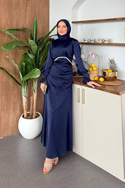 Abiye Diyarı Matmazel Taşlı Satin Hijab Evening Dress with Tie Back Straps