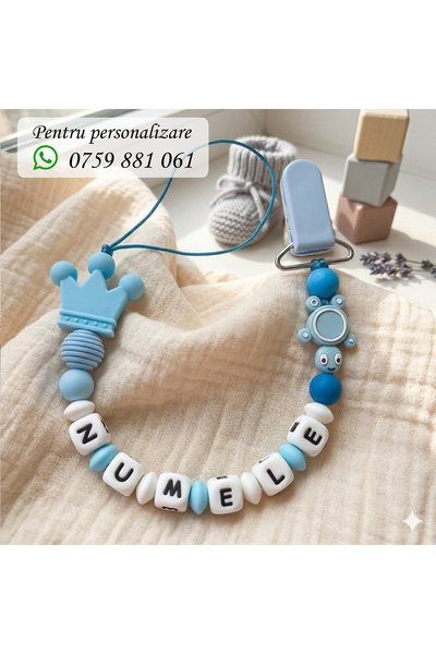 OEM Lantisor pentru suzeta, personalizat cu numele bebelusului, Testoasa bleu