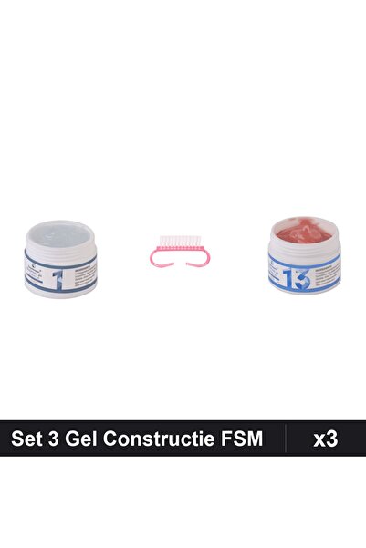 Makeup Set 3 Gel Constructie UV LED FSM 15g, Transparent + Perie Praf Roz, Ma...