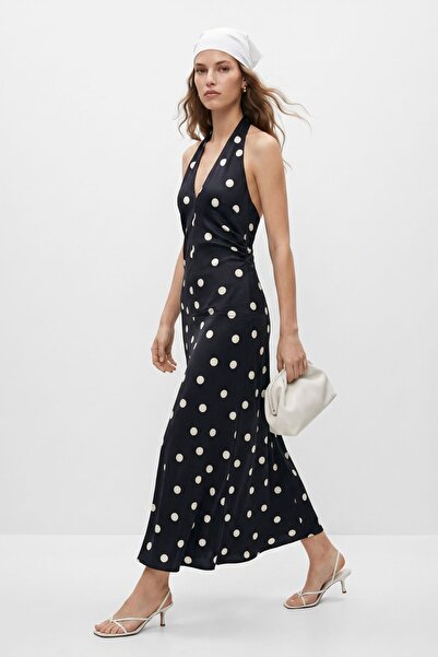 Rays Rochie maxi neagră cu guler halter și buline 261649