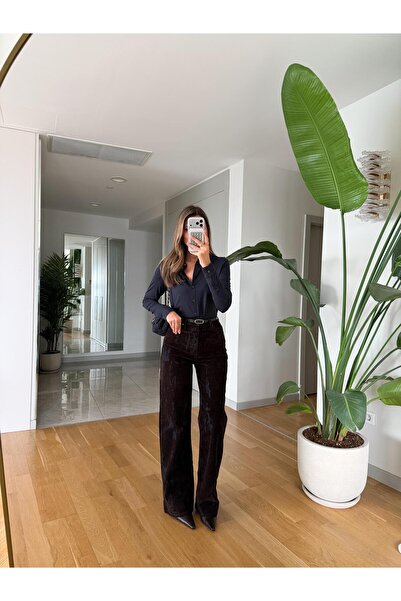 MERVE AKSOY Color-Shifted Velvet Trousers with Belt - Navy Blue