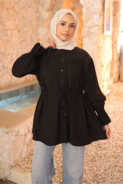 İmajButik Black Buttoned Sleeve Elastic Waist Drawstring Modal Woven Shirt