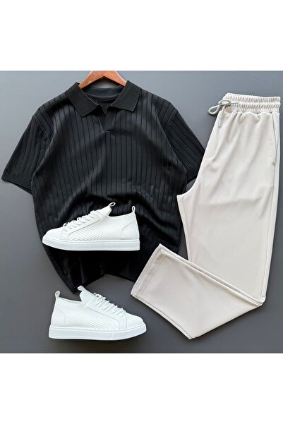 Beylerce Nurse Collar Ribbed Knitwear T-Shirt + Ribbed Trousers 2-Piece Combi...