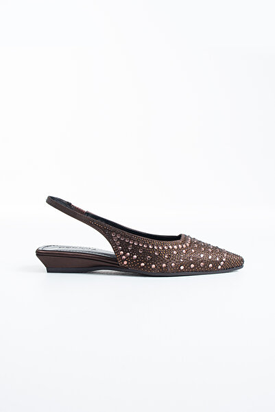 dericia shoes Zenvia Women's Brown Satin Stone Detailed Flat Heeled Casual Shoes