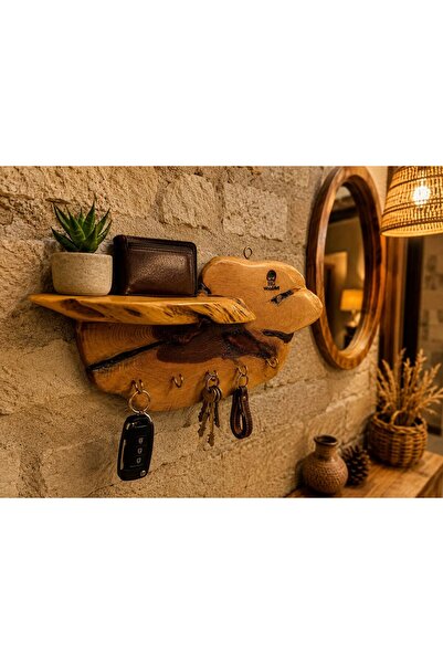 HG WoodArt Doğal Ardıç Ağacı El Yapımı Anahtar Askılığı Duvar Rafı