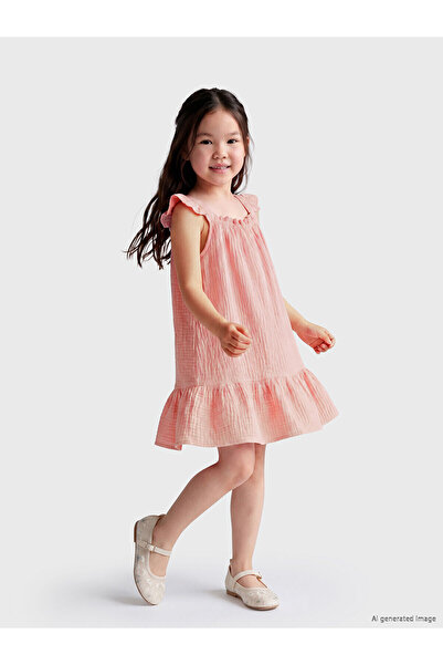 LC Waikiki Nevavm Square Collar Embroidered Girls' Muslin Dress with a Differ...