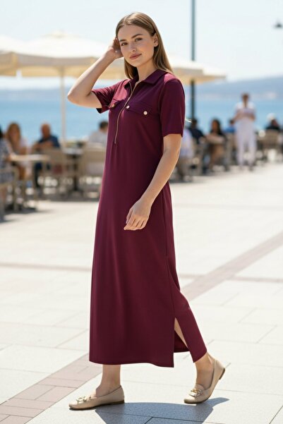 Mossta Polo Collar Zipper Detailed Long Viscose Two-Thread Dress - Burgundy