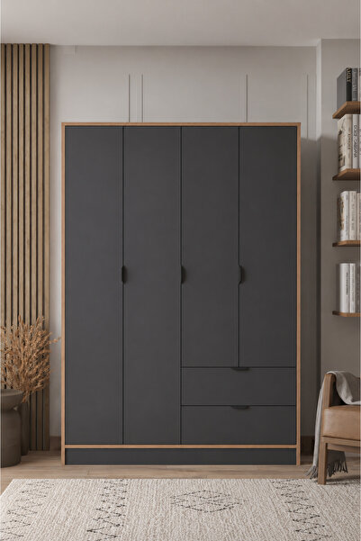 SARMOBİ Arden 4 Kapaklı 2 Çekmeceli Gardırop/Dolap 128x182x44 cm Antrasit – M...