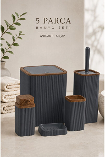 Store HGY Home Ahşap Detaylı Antrasit Stella Çizgili Banyo Seti