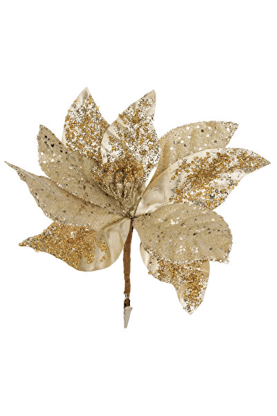 Zumzeria Floare decorativă de Crăciun bej auriu cu sclipici și cleme 26cm
