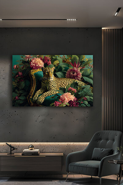 Parıltı Yayınları Modern Leopar Çiçek Desenli Dekoratif Cam Tablo Şık Ofis Ev...