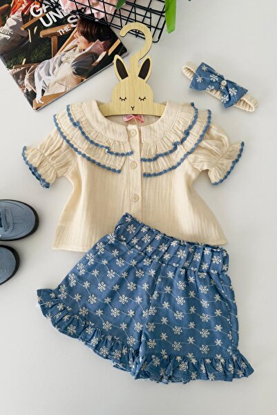 Minigimin Cicileri My Little One's Blue Floral Embroidered Ruffle Collar Baby...