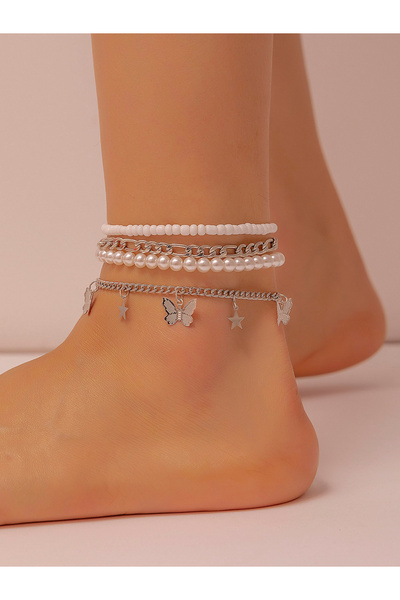 Take Two By Styli Pack of 4 - Silver Butterfly and Pearl Anklet